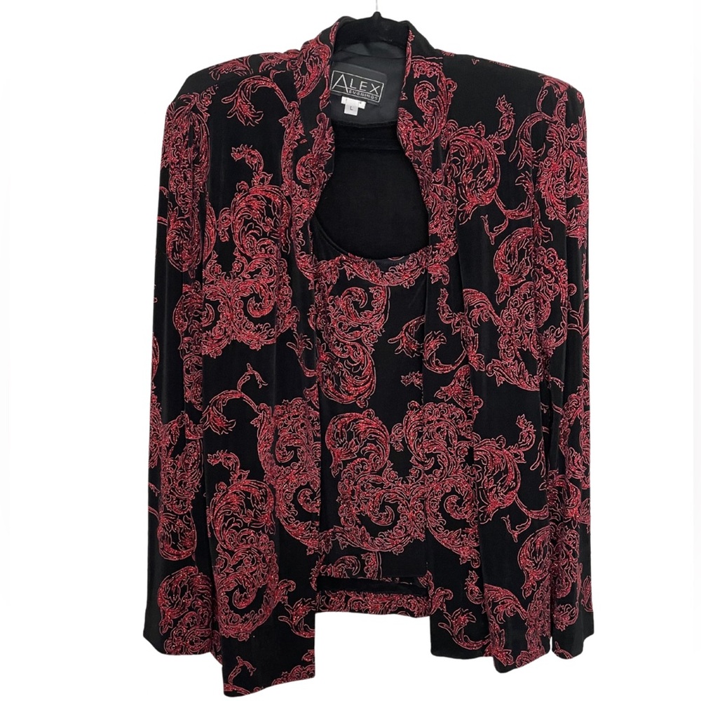Alex Evenings Black Jacket & Top Set with Red Scroll Print
